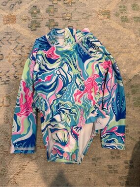 Kids Long Sleeve Rashguard One-Piece Swimsuit - Multi Blue/Pink Print